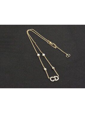 Dior Clair D Lune CD Logo Rhinestone Pearl Necklace Gold